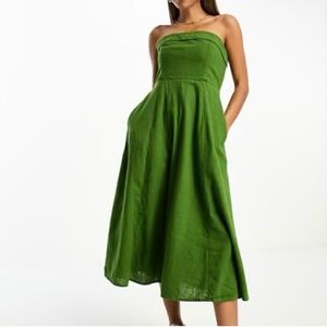 NWT Abercrombie strapless green linen midi dress, size S